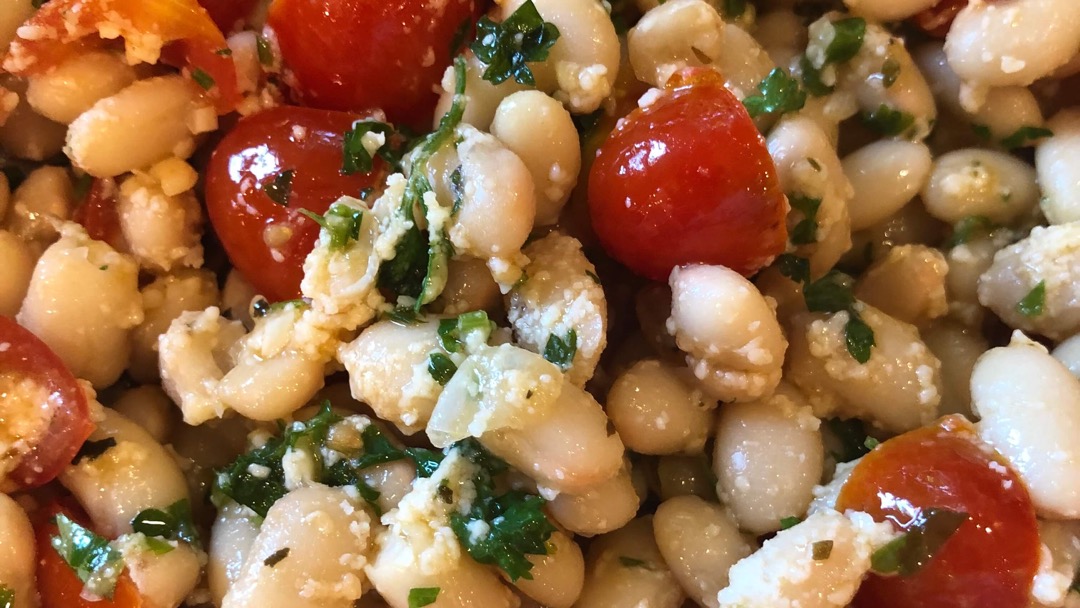 white beans, tomatoes, parsley and parmesan up close