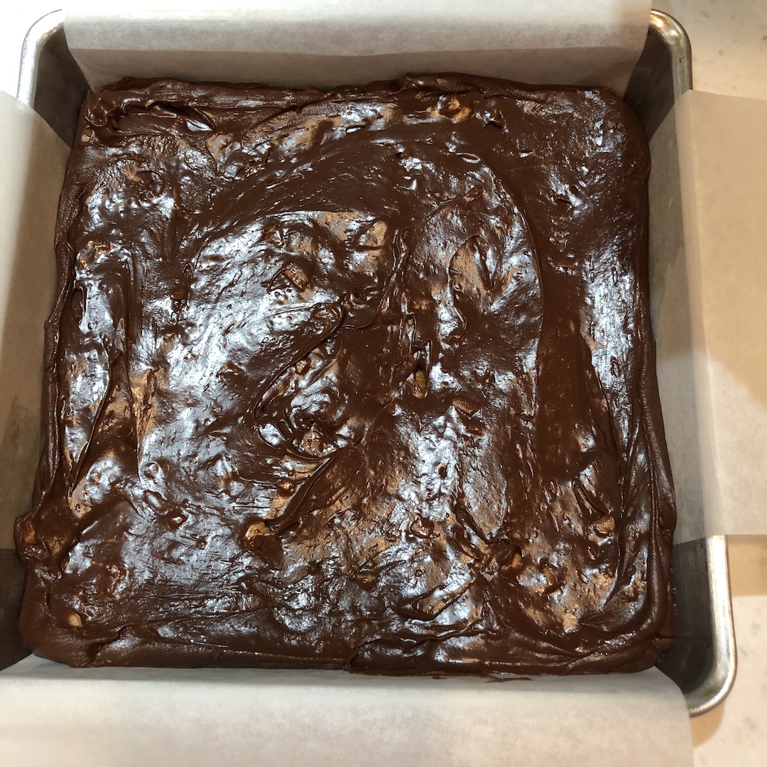 fudge with pecans ready to refrigerate 