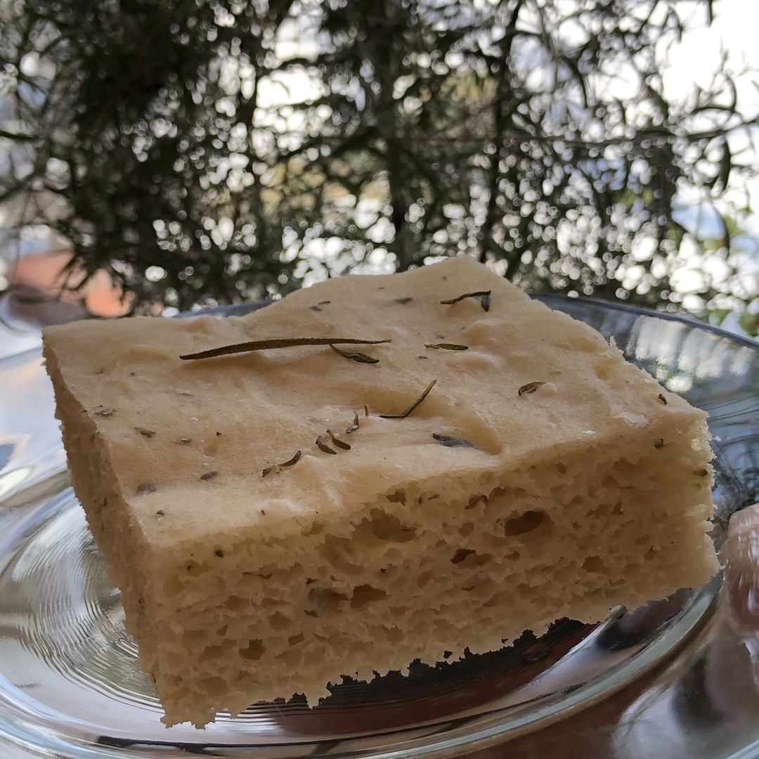 Focaccia on a glass plate with rosemary plant in background