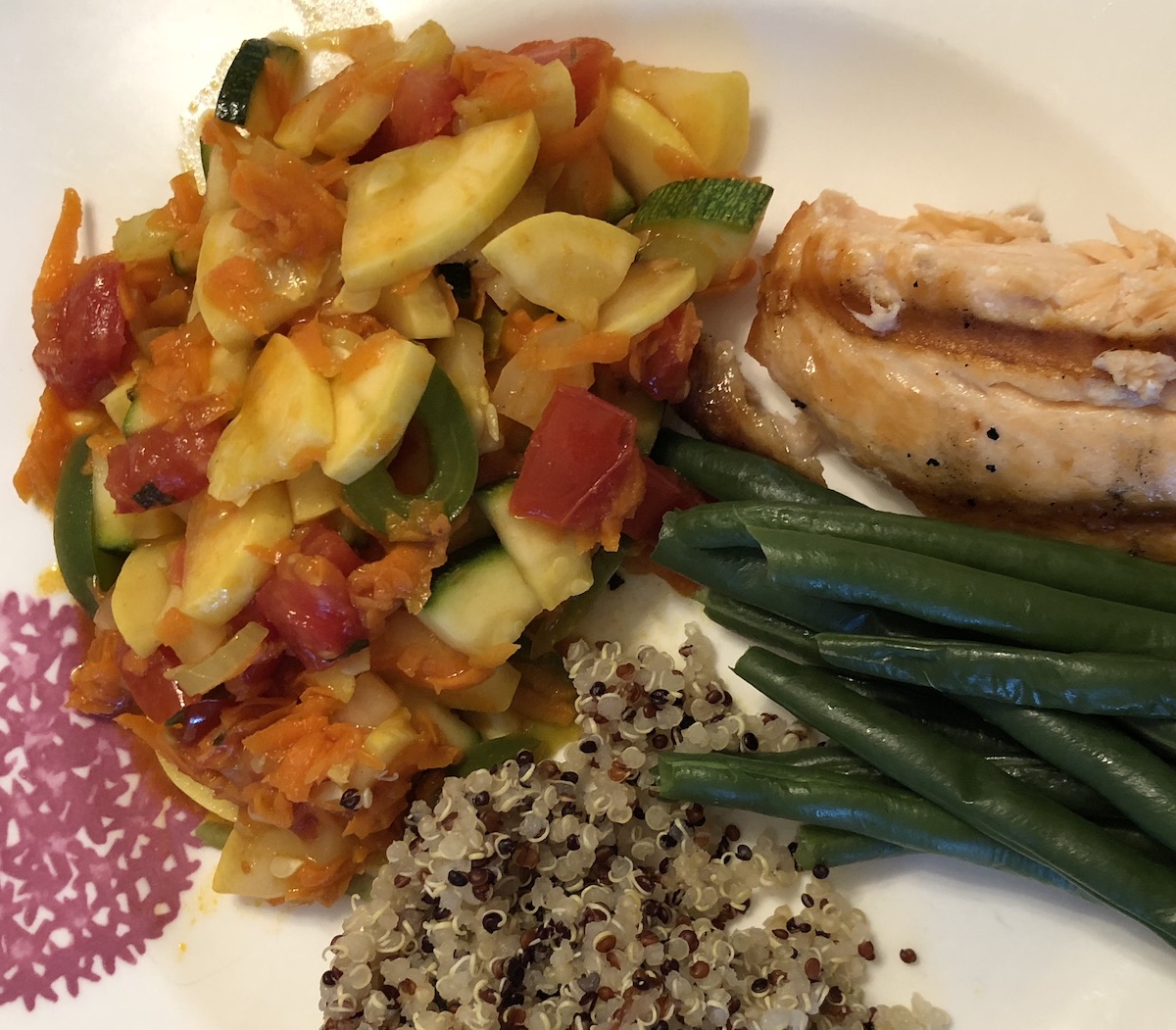Mexican Squash without Corn on a dinner plate with quinoa, green beans and salmon