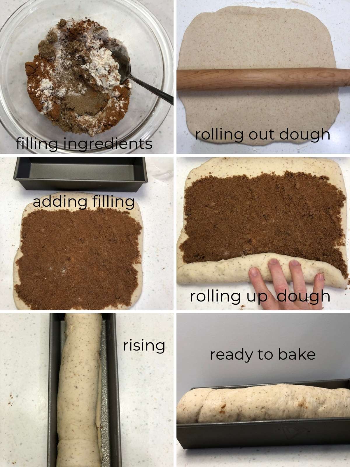 Six photos about making cinnamon bread: filling in bowl, rolling out dough, spreading filling, rolling up dough, dough ready to rise dough ready to bake