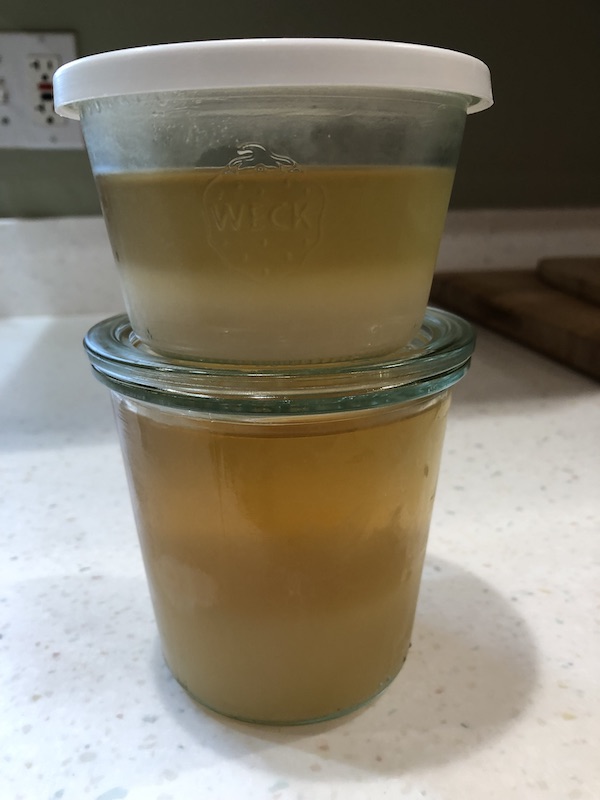 Two kinds of aquafaba in stacked weck jars
