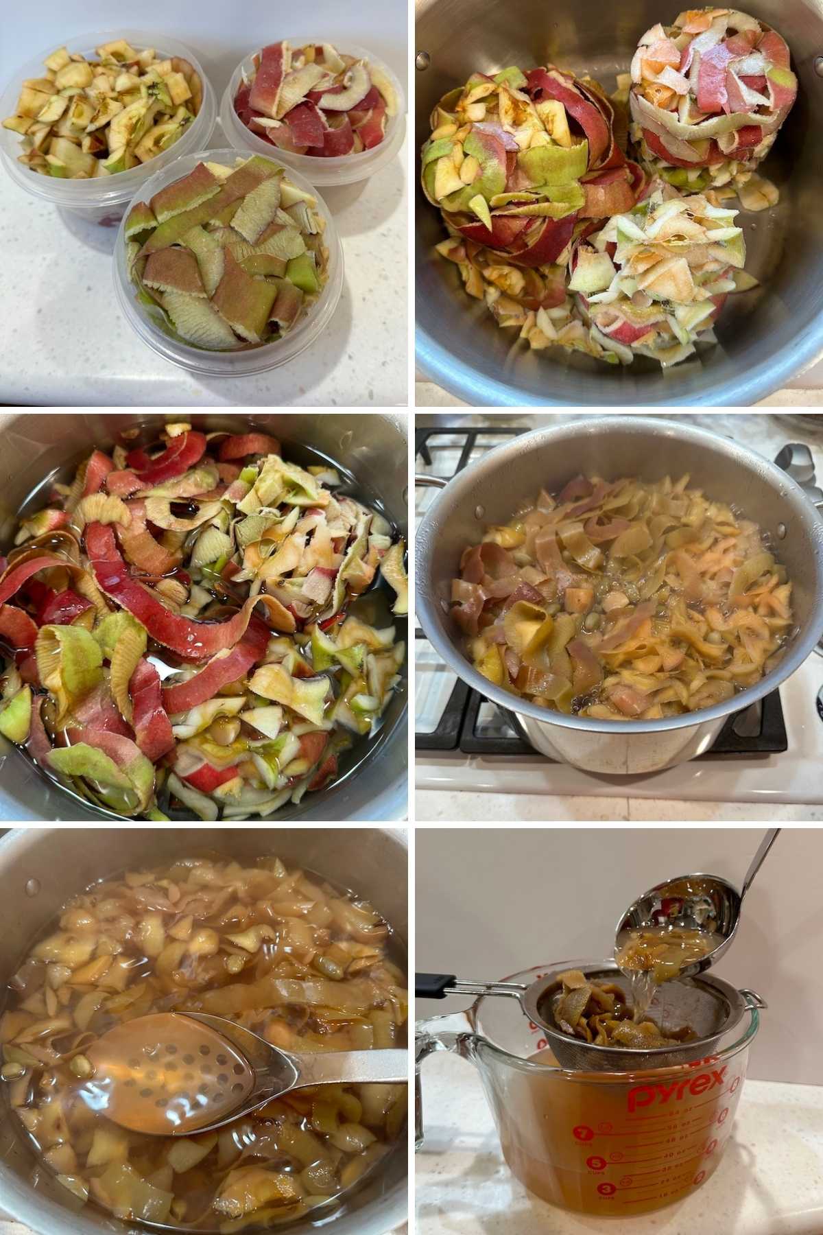 6 pictures showing the steps to make apple peel tea