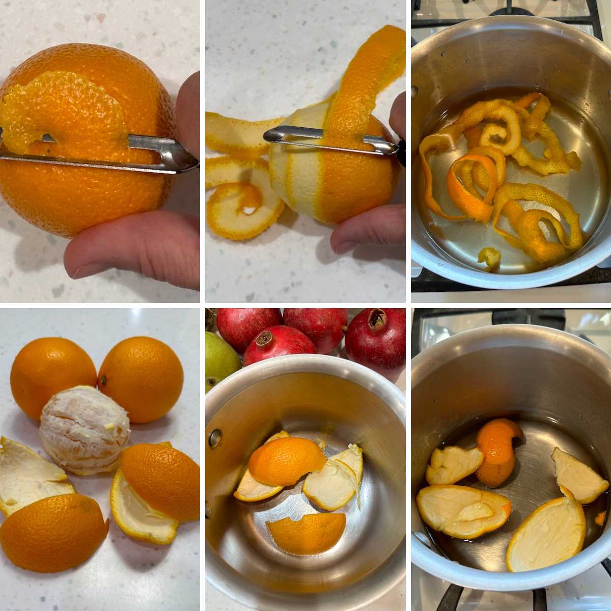 Three pictures on top showing oranges peeled with a peeler and in pot with water. Underneath orange peeled by hand and in pot with water.