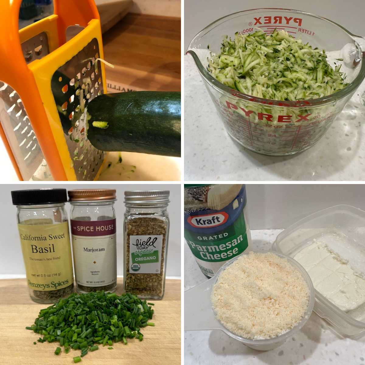 First 4 steps to make gluten free zucchini fritters:grating zucchini, zucchini in measuring cup, 3 herbs & chives, parmesan & feta cheeses
