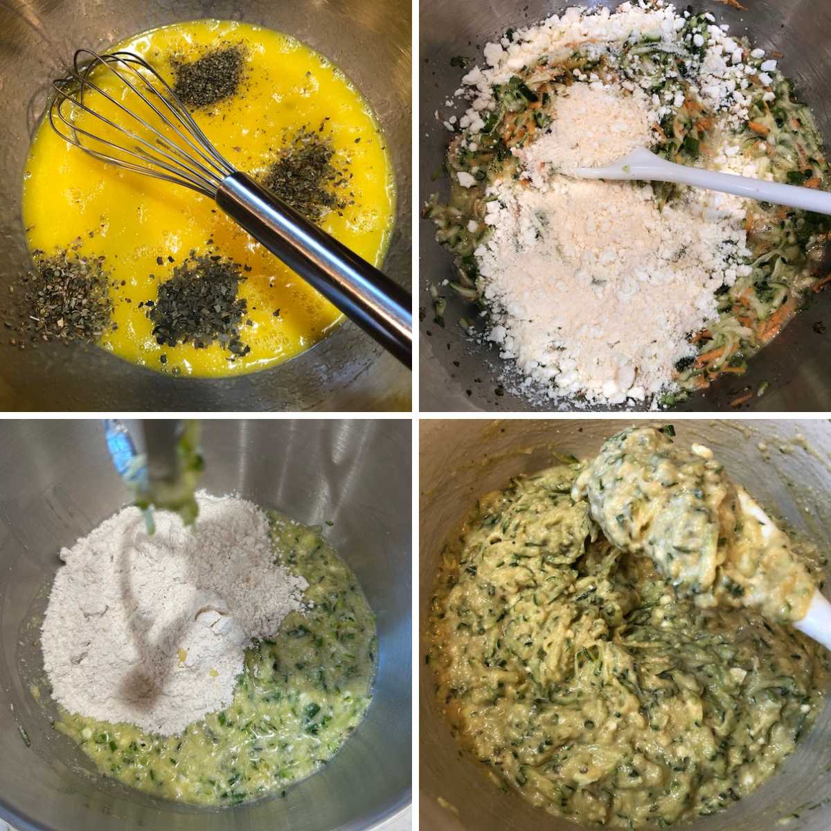 4 preparation steps: adding herbs to eggs & oil, adding cheeses, adding gluten free flour, finished batter consistency 