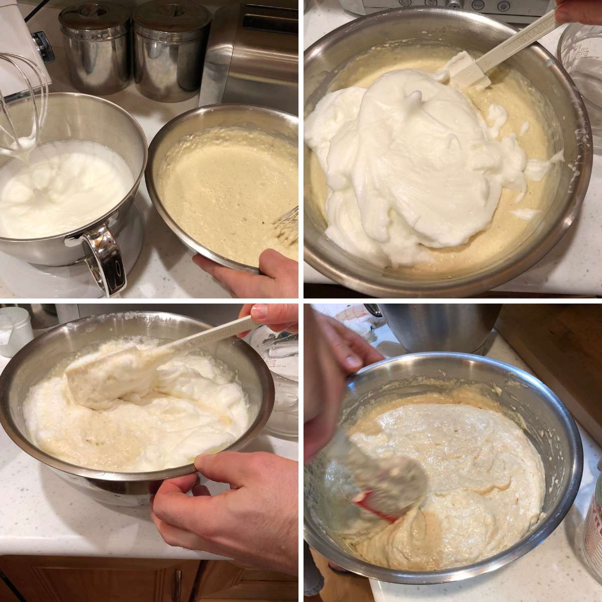 four photos showing the egg whites and other batter ready to be combined; whipped egg whites on top of batter; egg whites being gently folded in; folded in
