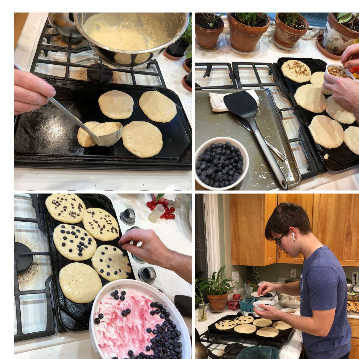 four photos 1. labeling batter on the griddle; 2-4 blueberries, chocolate chips and pecans being added to the pancakes
