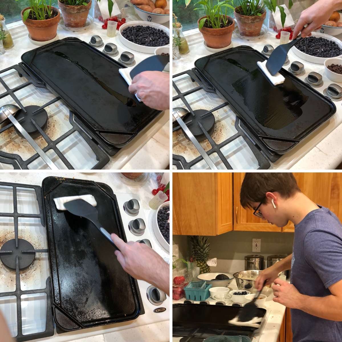 four photos showing griddle being oiled - a small amount of oil down the middle of the griddle; the oil being spread by a paper towel pushed by a spatula in following 3 pictures to cover the entire griddle very thinly